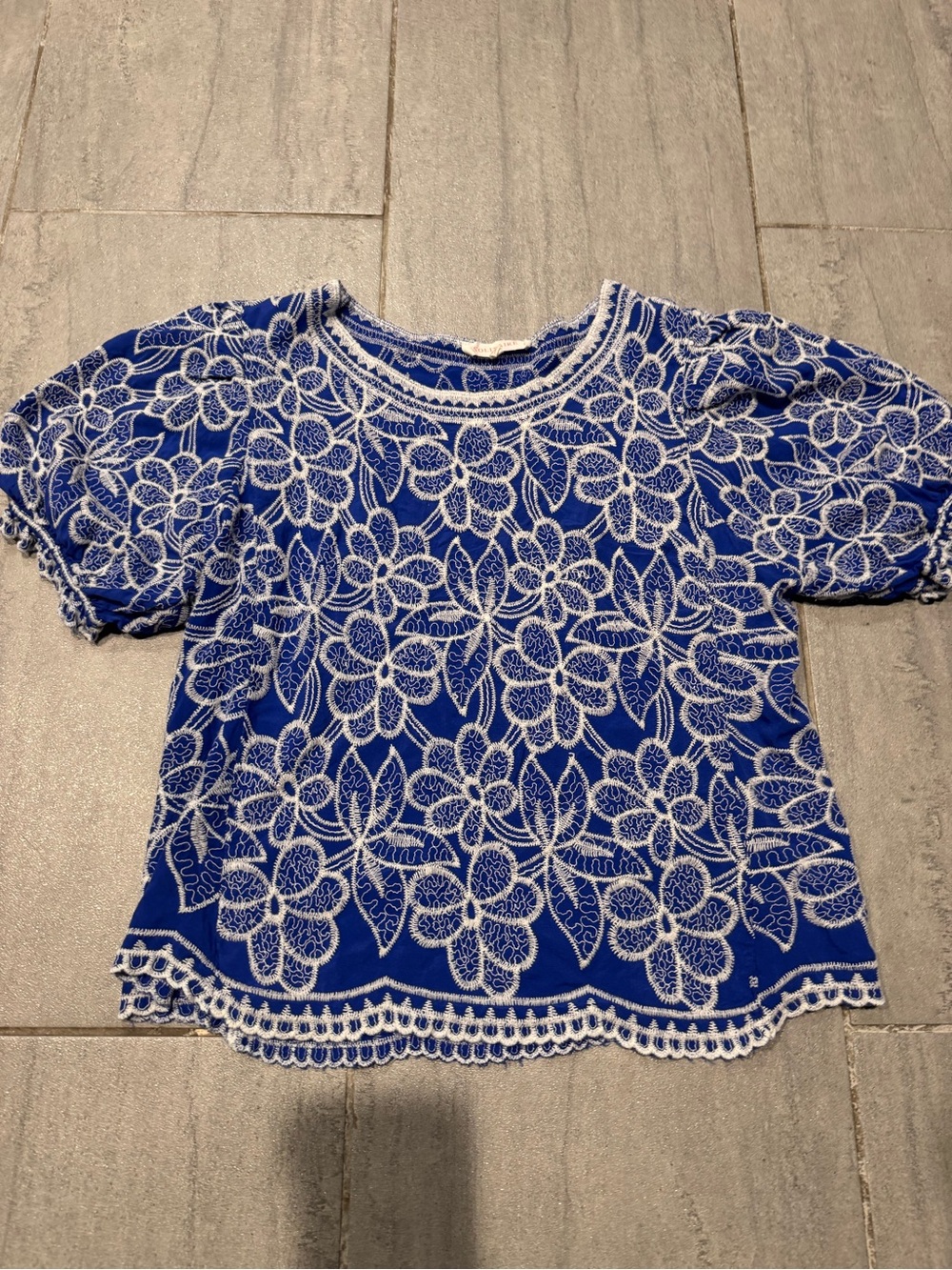 SOLITAIRE Blue White Floral Eyelet Lace Puff Sleeve Blouse Shirt Top Size Large